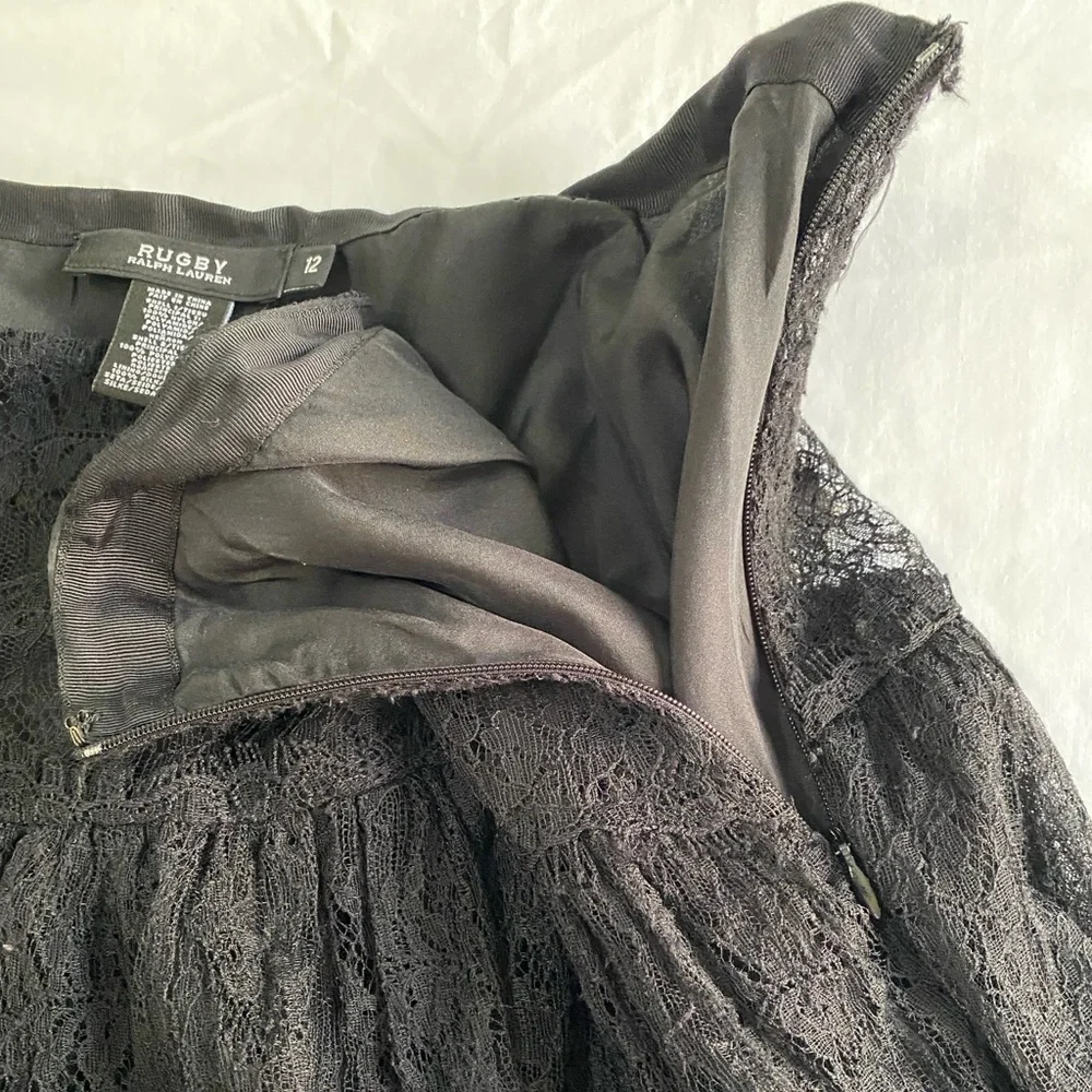 RUGBY Ralph Lauren Black‎ Lace Mesh Whimsigoth Silk Lined Feminine Skirt SZ 12